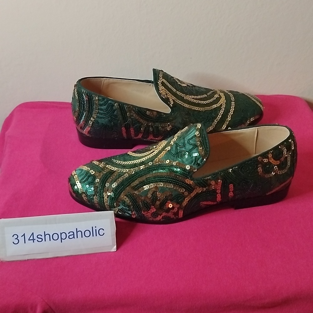 Mens Green / Gold Sequin Loafers - Picture 4 of 6